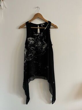 Black Sleeveless Chiffon Overlay Tank with Abstract White Print